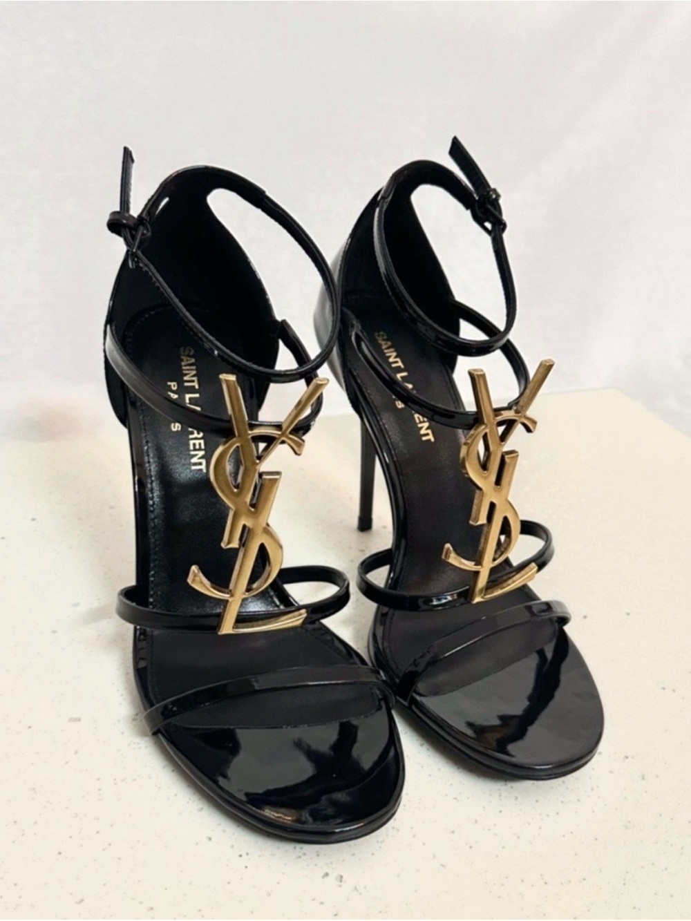Yves Saint Laurent Black Patent Heeled Sandals with Gold YSL Emblem